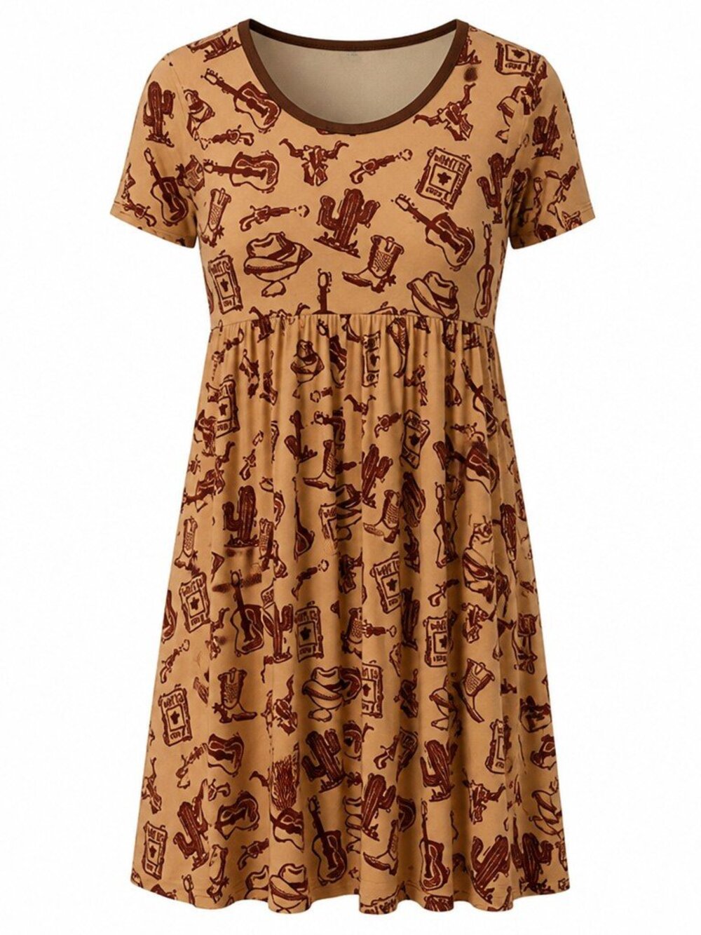 Minikin Mischief 4T Western Bamboo Short Sleeve Dress Tan Brown Cowboy Print